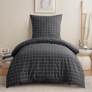 Bettwäsche Set 155x220 Anthrazit Gitter Muster Mikrofaser Weich Bügelfrei