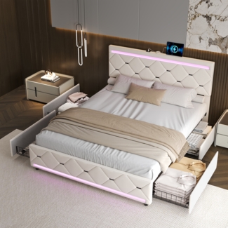 Doppelbett 160x200 cm mit LED, Schubladen, Stauraum, USB-Ladefunktion, gepolstertem Bettrahmen, 4 Schubladen, Beige