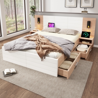 Merax Doppelbett Holzbett 160×200cm mit 2 Schubladen, Kopfteil Leselicht mit USB Ladefunktion, inkl. 2 Nachtkommode, Eiche/Weiß(Ohne Matratze)