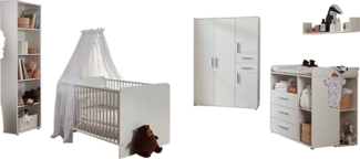 BMG Möbel Babyzimmer-Komplettset Lea, (Set, 7-tlg, Bett, Wickelkommode, Schrank, Standregal, Unterstellregal, Wandboard), Bett + Wickelkommode + 4-trg. Schrank + Standregal + Unterstellregal