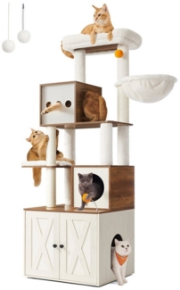 Feandrea Kratzbaum, Katzenbaum mit Katzenklo-Schrank, 185 cm hoch, Katzenkratzbaum, Kratzsäule, Plattform, waschbares Kissen, Honigbraun-Vintageweiß