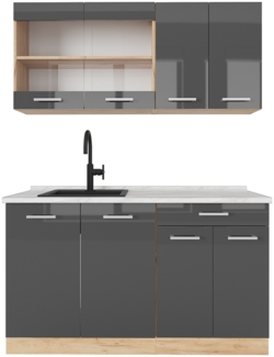 Vicco Singleküche Anthrazit Hochglanz/Goldkraft Eiche 140 cm , AP Marmor, R-Line