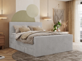 Boxspringbett mit zwei Multipocket-Matratzen und Topper, Doppelbett aus Cordstoff, zwei Bettkästen - TILIANO KING DUO - 180 x 200 cm - Hellgrau Cord - H3