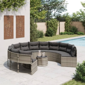 vidaXL Gartensofa mit Tisch und Kissen Rund Grau Poly Rattan 3318545