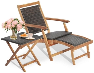 COSTWAY Gartenliege, klappbar, rattan mit Tisch&Fußstütze, 5-fach verstellbar