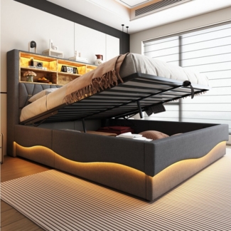 STILVORA Polsterbett 180x200 mit LED&USB,Jugendbett Doppelbett mit Lattenrost&Matratze (mit Hydraulischem Stauraum, APP-gesteuertes LED-Lichtband, USB-Ladeanschluss, Leinenbezug, Platzsparendes Bett mit Stauraum für Bücher und Bettzeug, 180x200 cm), mi...