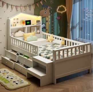 OKWISH Kinderbett Stauraumbett Holzbett (mit Sicherheitsgitter, vier Schubladen & LED-Leuchten, 90x200 cm), ohne Matratze