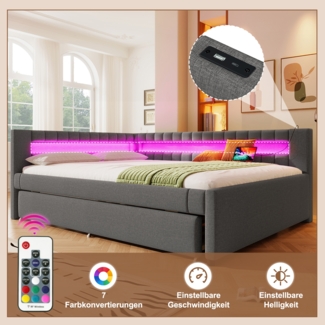 Merax Polsterbett Daybett 140x200cm mit Ausziehbarem Bett, Schlafsofa Tagesbett mit Ladefunkion & LED, Jugendbett Doppelbett, Leinen, Grau