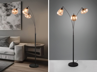 TRIO Leuchten Stehlampe LUMINA, gebogene Stehleuchte mit Glasschirmen exkl 3xE14 max 10W, Leuchtmittel wechselbar, warmweiß - kaltweiß, amberfarbige Gläser in 3 Formen, Fußschalter, Bogenleuchte Höhe 200 cm