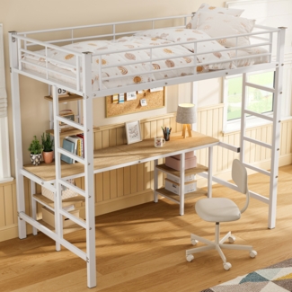 Merax Eisenrahmenbett, Etagenbett mit Tisch und Regalen, Geeignet für Kinder und Jugendliche, Kinderbett mit Seitenleiter, mit Fallschutzgitter, Eisen + MDF, Weiß, 90x200cm
