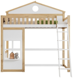 Sweiko Etagenbett Hausbett Hochbett Kinderbett (mit Treppe, mit Fallschutz und Gitter,mit Dach und Fenster Frei gestaltetes Unterbett, Rahmen aus Kiefer, Kiefer+MDF, Weiß+Natur), 90x200cm,Ohne Matratze