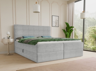 Boxspringbett Mollo mit 2 Bettkästen, Doppelbett mit Bonell-Matratze und Topper, Polsterbett in weichem Cordstoff, Bett, Bettgestell für Schlafzimmer (Grau (Tilia 86), 180x200 cm)
