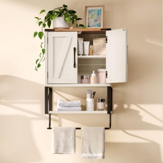 VINGLI Hängeschrank Badezimmerschrank hängend, Badschrank hängend, Wandschrank mit höhenverstellbaren Regalen & offenes Fach & Handtuchhalter Weiß