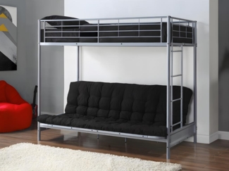 Vente-unique - Hochbett mit Schlafsofa + Futonmatratze + Matratze - 90 x 190 cm - Metall - Silberfarben & Schwarz - MODULO IV