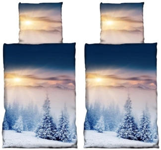 Buymax Bettwäsche Fleece Bettbezug-Set warme Winterbettwäsche, Fleece, 4 teilig, 135x200 cm, Weihnachten Wintermotiv, Schnee, Blau