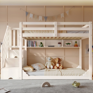 Merax Etagenbett für Kinder 90x200 cm Einzelbett Kinderbett Jugendbett mit Treppenschrank und Stauraum, platzsparendes Holz Kinderbett, Weiß