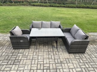 Fimous 6 Sitzer Garten Rattanmöbel Esstisch Sofa Set mit Liegestuhln Dunkelgrau gemischt