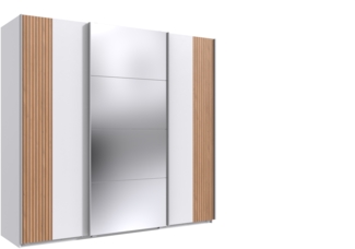 Schwebetürenschrank >Malaga< Spiegel, Weiß / Akustiklamelle Artisan Eiche - 225x208x64cm (BxHxT)