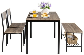 COSTWAY Esstisch, 4-tlg. mit 2 Stühlen, 1 Bank & Aufbewahrungsregal, Grau