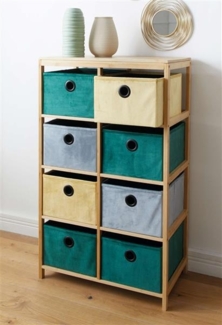 Regal "Bunt" aus Bambus mit 8 Boxen aus Textil in Samt Optik, Aufbewahrungsregal, Bambusregal mit Aufbewahrungsboxen