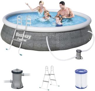 BESTWAY Fast Set Pool Swimmingpool Rund Rattan Optik + Leiter Filterpumpe 396x84