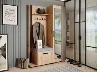 Beautysofa Garderobenschrank Garderoben-Set mit Aufhängern und Spiegel LIVIA (Geräumiger Schuhschrank) mit praktischer Kleiderstange