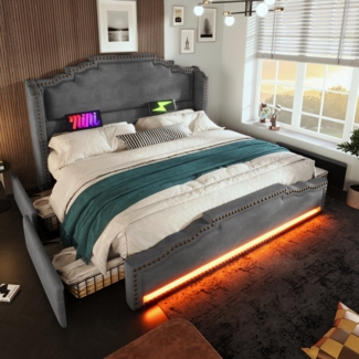 Merax Polsterbett 180×200, Doppelbett mit 4 Schubladen, LED-Beleuchtung und USB-C-Ladeanschluss, Stauraumbett und Jugendbett mit Lattenrost, Samt, Grau, ohne Matratze