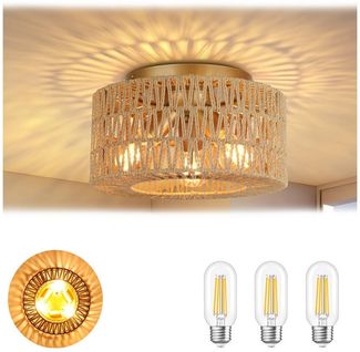 Jibenhome LED Deckenleuchte Rattan-Deckenleuchte 3-flammig, Hängend Boho Lampenschirm, 35cm Φ, LED fest integriert, Hängelampe aus Rattan/Messing mit 3 Leuchtmittel