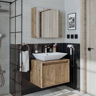 Roomart Badmöbel Set ATLANTIC 3 Teilig 65 cm Unterschrank mit Keramikwaschbecken • Spiegelschrank