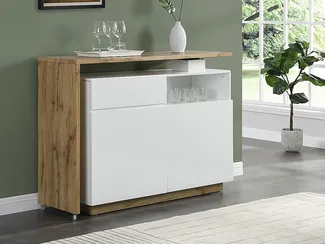 Vente-unique - Barmöbel drehbar mit 2 Türen, 1 Schublade & 1 Ablage - MDF - Weiß lackiert & Naturfarben - ELDIR