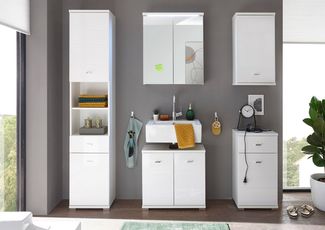 Bad Hochschrank Kommode Seitenschrank ca. 38 x 190 x 30 cm POOL Weiß Hochglanz