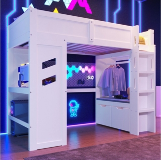 TavilaEcon Hochbett Gaming Bett mit Schreibtisch, 1 USB- und 1 Typ-C-Anschluss (1-St) mit LED-Leuchten, Leiter und Schublade, 90×200cm, weiß