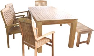 6-tlg. Teakholz Garnitur Esstisch 180 x 90 x 75 cm + 1 Teakholz Bank + 4 Stapelsessel