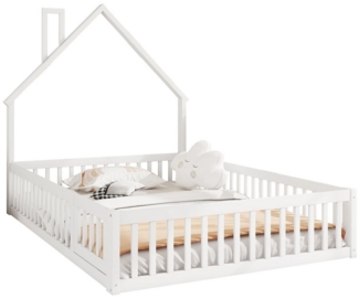 OKWISH Kinderbett Minimalistisches Hausbett für Kinder, Jugendbett Gästebett Doppelbett (mit Schornsteinform und Lattenrost, aus Kiefernholz, 140x200 cm), ohne Matratze