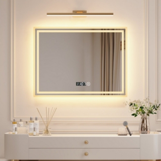 WDWRITTI Kosmetikspiegel Wandmontage mit Beleuchtung Badspiegel led Dimmbar Uhrzeit (Wandspiegel Schminkspiegel, 3Lichtfarben, Kalt/Neutral/Warmweiß), Speicherfunktion, HD kupferfreie Spiegel