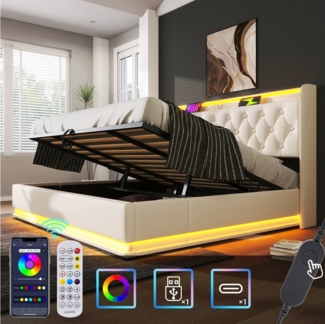 HAUSS SPOLE Polsterbett 180x200cm mit LED-Beleuchtung, Ladefunktion weiß PU mit Matratze