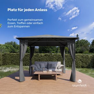 Blumfeldt Mondo - Pergola Partyzelt Gartenzelt Gazebo, Größe: 2,95 x 2,6 x 2,95 m (BxHxT), 4 Seitenteile, EasyMount Concept, Witterungsschutz: UV / Wind / Regen, dunkelgrau