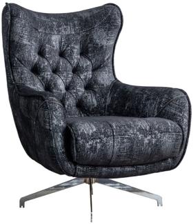 Casa Padrino Luxus Chesterfield Drehsessel Schwarz / Grau / Silber 86 x 82 x H. 100 cm - Wohnzimmer Sessel - Chesterfield Wohnzimmer Möbel