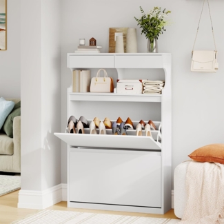 Schuhschrank mit 2 Klappen, Schuhregal Schuhkipper Schmal, 4 F?chern, Verstellbar, 16 Paar, Schuhaufbewahrung fr Eingang, Flur, Garderobe, 80 x 24.5 x 124.5 cm Wei?