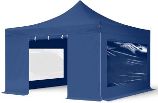 4x4 m Faltpavillon, PREMIUM Stahl 40mm, Seitenteile mit Panoramafenstern, blau