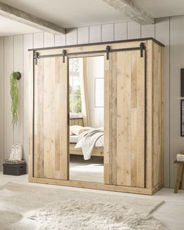 Home affaire Kleiderschrank SHERWOOD Schlafzimmerschrank mit Spiegel Wäscheschrank Schiebetüren mit Scheunentorbeschlag aus Metall, B/T/H 201/63/209cm