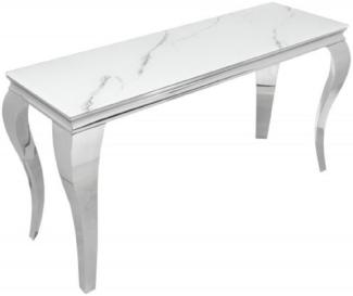 Casa Padrino Designer Konsole Weiß / Grau / Silber 145 x 50 x H. 75 cm - Rechteckiger Edelstahl Konsolentisch mit digitalbedrucktem Sicherheitsglas in Marmoroptik - Moderne Barock Möbel