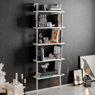Hanah Home Scandinavian Style Bookshelf, White, 60 x 22 x 174 cm | 100% Melamine Coated Particle Board, Metal Legs | Wall-Mountable, 18 mm Thickness, Multiple Shelves