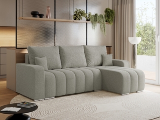 Universelles Ecksofa in Streifen genäht mit Schlaffunktion und Bettkasten, modern Stil - KIRASSO - Hellgrau Boucle