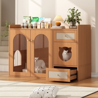REDOM Katzenhaus 5-in-1 Katzenkloschrank mit Futterbereich, Ruhebereich, Versteckter Platz für Katzenklo, Futternapf-Schublade, Katzenbett