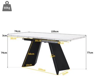 TavilaEcon Esstisch Ausziehbarer, platzsparender Küchentisch mit Tischplatte aus MDF, auf 159 cm erweiterbar, mit stabilen Carbonstahl-Beinen