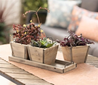 3 Mini Pflanztöpfe mit Tablett, aus recyceltem Holz, Blumentopf für In- & Outdoor, Pflanzgefäß eckig, Pflanzkübel