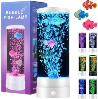 QUBEBU LED Nachtlicht LED Tischleuchte Wassersäule mit Deko Fisch, Dekoleuchte, Farbwechsel, LED fest integriert, 16 Farben und 4 Modi, Quallen Aquarium Lampe, Nachtlicht für Haus Schlafzimmer Büro Dekoration, Kinder Geschenke