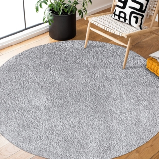 Teppich Rund Hochflor Shaggy - 120x120cm - Grau Einfarbig Uni Flauschig Modern Boho Wohnzimmer Schlafzimmer Deko Teppiche Weich Schlafzimmer