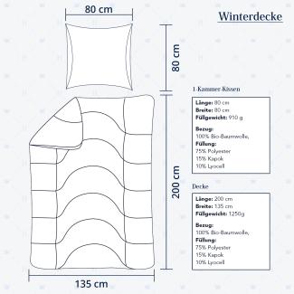 Heidelberger Bettwaren Bettdecke 135x200 cm mit Kissen 80x80 cm, Made in Germany | Winterdecke, Schlafdecke, Steppbett mit Kapok-Füllung | atmungsaktiv, hypoallergen, vegan | Serie Kanada